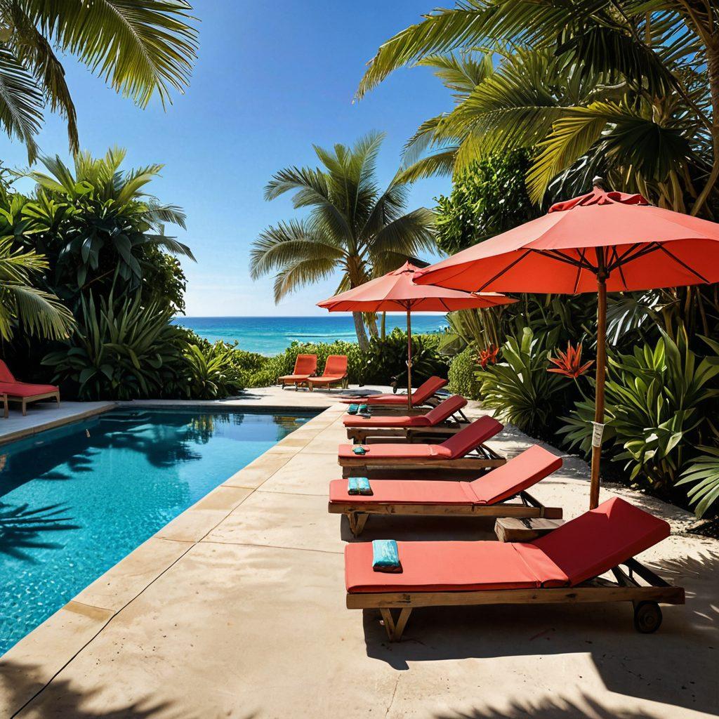 A sun-soaked scene transitioning from a luxurious poolside with colorful beach umbrellas to a vibrant beachfront adorned with sandy shores and playful waves. Show stylish bathing suits hanging on a rustic wooden rack, surrounded by tropical plants and refreshing cocktails on tables. Capture the essence of summer with bright, cheerful colors and a clear blue sky. hyper-realistic. vibrant colors. tropical theme.